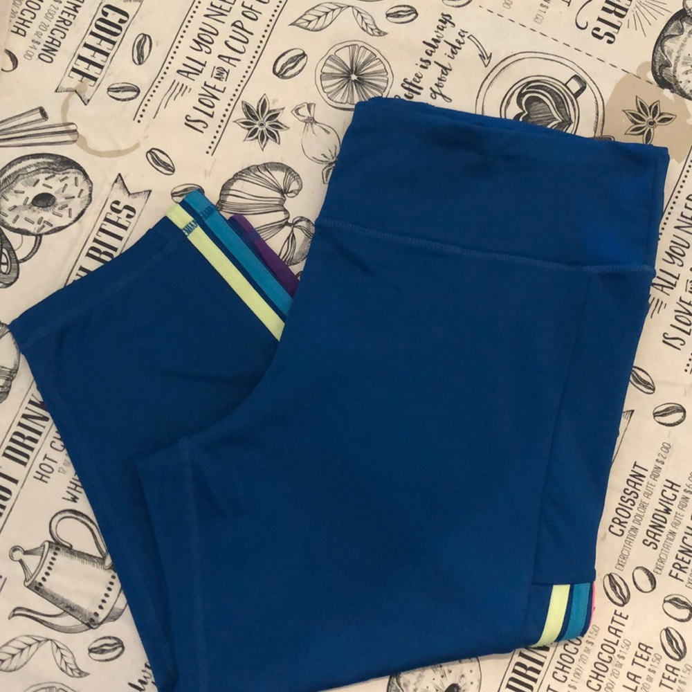 Blue and Rainbow striped capri’s!